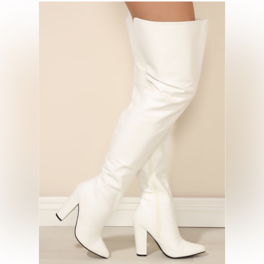 over the knee white heel boots